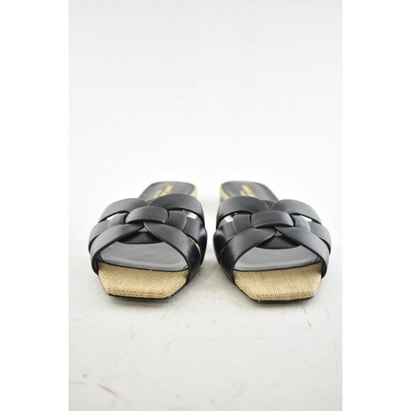 Saint Laurent YSL Tribute Nu Pieds Black Leather Beige Rope Slide Sandal Flat 36 - Picture 5 of 12